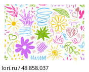 Bright colorful seamless pattern with children's flowers and squiggles. Trendy charcoal pencil elements for kids. Vector objects cloud, sun, flower, leaves, plants, strokes, scribbles, heart, petal. Редакционная иллюстрация, иллюстратор Tosunyan Lusine / Фотобанк Лори