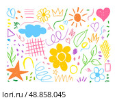 Charcoal Pencil Flowers for Kids in Vibrant Colors. Collection of Doodle Chalk Hand Drawn Squiggles. Vector Elements, Cloud, Sun, Flower, Leaves, Plants, Strokes, Scribbles, heart, petal, crown, leaf. Редакционная иллюстрация, иллюстратор Tosunyan Lusine / Фотобанк Лори