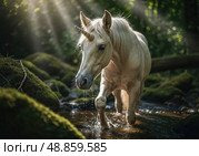 Молодой единорог стоит в мелком лесном ручье, на его шерсти блестят капли воды. Солнце пробивается сквозь листву, создавая волшебную атмосферу. Стоковое AI-изображение, AI-художник Сергей Никифоров-Гордеев / Фотобанк Лори