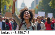 A woman in a protest march raises her right arm in a fist pump, her face filled with determination. The background is a blurred crowd of people walking on street. Стоковое AI-видео, аниматор Sergey Grishin / Фотобанк Лори