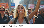 A woman in a protest march raises her right arm in a fist pump, her face filled with determination. The background is a blurred crowd of people walking on street. Стоковое AI-видео, аниматор Sergey Grishin / Фотобанк Лори