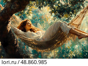 A young woman in light clothing relaxes, half lying in a hammock in the shade of a green garden. A simple life. Стоковое AI-изображение, AI-художник Алла Чесноковва / Фотобанк Лори