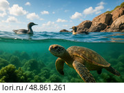 Sea turtle swimming in ocean with seabirds floating on surface, coral reef, tropical wildlife, harmony in nature, environmental awareness. Стоковое AI-изображение, AI-художник Павел Муравьев / Фотобанк Лори