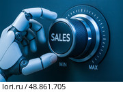 AI robotic hand increases sales to maximum, business revenue and profit growth, future technology, automation, success, digital market, finance. Стоковое AI-изображение, AI-художник Павел Муравьев / Фотобанк Лори