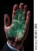 A close-up photo of a mans hand with a digital circuit board pattern superimposed on the palm, showcasing the concept of human technology integration. Стоковое AI-изображение, AI-художник Данила Большаков / Фотобанк Лори