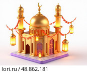 A cheerful 3D icon of a golden mosque with festive banners, glowing lanterns floating around its minarets in. Стоковое AI-изображение, AI-художник Sergey Grishin / Фотобанк Лори