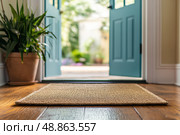 Close-up of natural fiber doormat on wooden floor with open blue doors. Potted plant in frame. Bright daylight outside. Inviting home entrance. Clean, fresh, cozy mood. Interior, lifestyle. Banner. Стоковое AI-изображение, AI-художник Евгений Демидюк / Фотобанк Лори