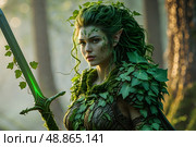Fantasy Woman magician warrior druid on the background of the forest. Стоковое AI-изображение, AI-художник Александр Поташев / Фотобанк Лори