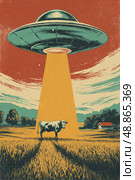 A cow is standing in a field with a large, glowing, alien-like object in the sky. Стоковое AI-изображение, AI-художник Ярославский Максим / Фотобанк Лори