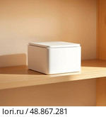 Close up of white storage box on wooden shelf. Стоковое AI-изображение, AI-художник Анастасия / Фотобанк Лори