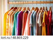 Wooden hangers with clothes on the rail in the store with women's clothing for sale. Shirt, dress, jacket, blouse. Flea market, second hand, discount, exchange, donation. Стоковое AI-изображение, AI-художник Оксана Гильман / Фотобанк Лори