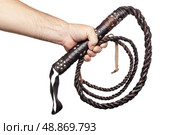 male hand holding brown leather whip isolated on white background. Стоковое фото, агентство Ingram Publishing / Фотобанк Лори
