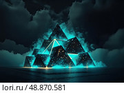 Mystic Elevation: striking blue and black background featuring a captivating pyramid at its center, evoking an aura of mystery and intrigue. Стоковое AI-изображение, AI-художник Данила Большаков / Фотобанк Лори