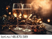 Two glasses of white wine elegantly sit atop a weathered wooden table, capturing the essence of timelessness and camaraderie in a single frame. Стоковое AI-изображение, AI-художник Данила Большаков / Фотобанк Лори