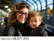 Embrace of Love: tender moment of a woman enveloping a small child in her arms, radiating unconditional love and comfort. Стоковое AI-изображение, AI-художник Данила Большаков / Фотобанк Лори