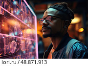 Visionary Spectacles: African american man wearing glasses becomes entranced as he gazes at captivating display, illuminated by enigmatic glow. Стоковое AI-изображение, AI-художник Данила Большаков / Фотобанк Лори