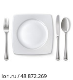 Empty plate with spoon, knife and fork on a white background. Mesh. Clipping Mask. Стоковая иллюстрация, агентство Ingram Publishing / Фотобанк Лори