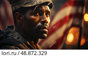 Patriotic Valor: A Heroic Sentry Salutes the Stars and Stripes. Стоковое AI-изображение, AI-художник Данила Большаков / Фотобанк Лори