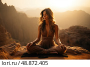 Solitude Awakens: A Lone Woman Finds Serenity Amidst the Desert Sands. Стоковое AI-изображение, AI-художник Данила Большаков / Фотобанк Лори