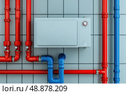 House heating system equipment. Pipelines. Basement mechanical room with condensing water heater, storage tank, plumbing systems. Plumbing service. Pipeline in boiler room. Pipes. Wall installation. Стоковое AI-изображение, AI-художник Марина Демидюк / Фотобанк Лори