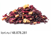 Roselle or Hibiscus tea pile isolated on a white background. Dry karkade flowers petals heap of dried herbal tea. Indian spices. Mockup of aromatic Fruit Red Tea, Dried Herbal Beverage. Carcade. Стоковое AI-изображение, AI-художник Марина Демидюк / Фотобанк Лори