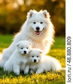 The Samoyed dog (Samoyed, Samoyed Spitz, Sammy) is one of the oldest dog breeds, which belongs to the primitive (aboriginal) breeds. It originates from the Far North of Eurasia. The corners of the mouth are slightly bent, forming a characteristic "Samoyed smile". Стоковое AI-изображение, AI-художник Сергей Елизарьев / Фотобанк Лори