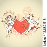 Vintage card for Valentine&rsquo;s Day with red heart and cupids. Стоковая иллюстрация, агентство Ingram Publishing / Фотобанк Лори