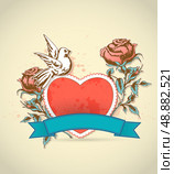 Vintage card for Valentine&rsquo;s Day with red heart, roses and dove. Стоковая иллюстрация, агентство Ingram Publishing / Фотобанк Лори