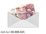 Financial illustration of Great Britain. White background. Paper banknotes, old 50 pounds 2010 and new 50 pounds 2023 in postal envelope. UK business and economy. England. Hobby or bribe. Стоковая иллюстрация, иллюстратор GAlexS / Фотобанк Лори