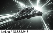 Spaceship navigating through colorful light trails in a cosmic interstellar travel. Стоковое AI-изображение, AI-художник Михаил Коханчиков / Фотобанк Лори