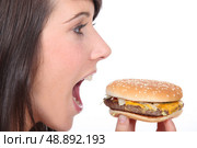 Brunette girl eating hamburger, profile-view. Стоковое фото, агентство Ingram Publishing / Фотобанк Лори