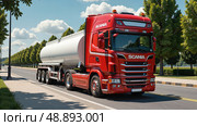 Красный грузовик Scania с цистерной на дороге в дневное время / Red Scania truck with tank on road during daytime. Редакционное AI-изображение, AI-художник Валерий Лукин / Фотобанк Лори