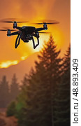 A wildfire observation drone flying among forest trees bound by flame. Стоковое AI-видео, аниматор Sergey Grishin / Фотобанк Лори