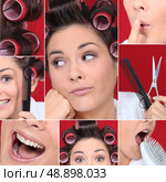 Collage of young woman with hair curlers. Стоковое фото, агентство Ingram Publishing / Фотобанк Лори