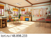 The Symphony of Learning: An Overabundance of Desks and Chairs in a Dynamic Classroom. Стоковое AI-изображение, AI-художник Данила Большаков / Фотобанк Лори