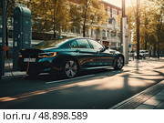 Harmonic Convergence: A Futuristic Vision of an Electric Car Plugged Into a Charging Station. Стоковое AI-изображение, AI-художник Данила Большаков / Фотобанк Лори