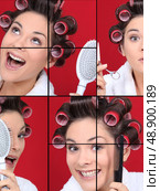 a woman creating a new hairstyle. Стоковое фото, агентство Ingram Publishing / Фотобанк Лори