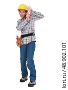 Female laborer frightened. Стоковое фото, агентство Ingram Publishing / Фотобанк Лори