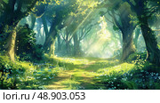 Painting dof winding path through a dense forest with trees, foliage, and dappled sunlight filtering through the leaves. Стоковое AI-изображение, AI-художник Данила Большаков / Фотобанк Лори
