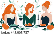 Three women in formal attire enjoying an autumn-themed dinner party with pumpkin decorations. Стоковое AI-изображение, AI-художник Данила Большаков / Фотобанк Лори