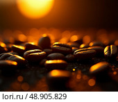 As the sun sets, rich coffee beans glisten with a golden hue on a rustic surface, evoking an inviting warmth and the promise of delightful brews ahead Generative AI. Стоковое AI-изображение, AI-художник Юлия Петровская / Фотобанк Лори