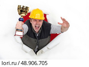 young craftsman holds trophy shouting for joy. Стоковое фото, агентство Ingram Publishing / Фотобанк Лори