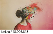 A woman with multiple colorful sprinkles covering her head and hair, creating a fun and whimsical appearance. Стоковое AI-изображение, AI-художник Данила Большаков / Фотобанк Лори