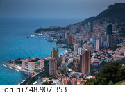 Monaco, Monte-Carlo, 05 april 2016: Monte-Carlo aerial view, night lights, night city, port Hercule, Prince Palace of Monaco, mountain, skyscrapers, mediterranean sea. Стоковое фото, фотограф Vladimir Drozdin / Фотобанк Лори