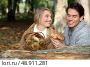 Couple picking mushrooms and chestnuts in the forest. Стоковое фото, агентство Ingram Publishing / Фотобанк Лори