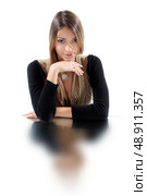 Young woman seductive on white background. Стоковое фото, агентство Ingram Publishing / Фотобанк Лори