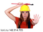 Concerned woman holding up her hand. Стоковое фото, агентство Ingram Publishing / Фотобанк Лори