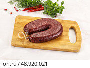 Delicious dry cured beef basturma on table, closeup. Стоковое фото, фотограф Андрей Старостин / Фотобанк Лори