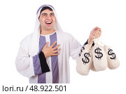 Arab man with money sacks isolated on white. Стоковое фото, агентство Ingram Publishing / Фотобанк Лори