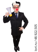 Businessman clown with loudspeaker on white. Стоковое фото, агентство Ingram Publishing / Фотобанк Лори